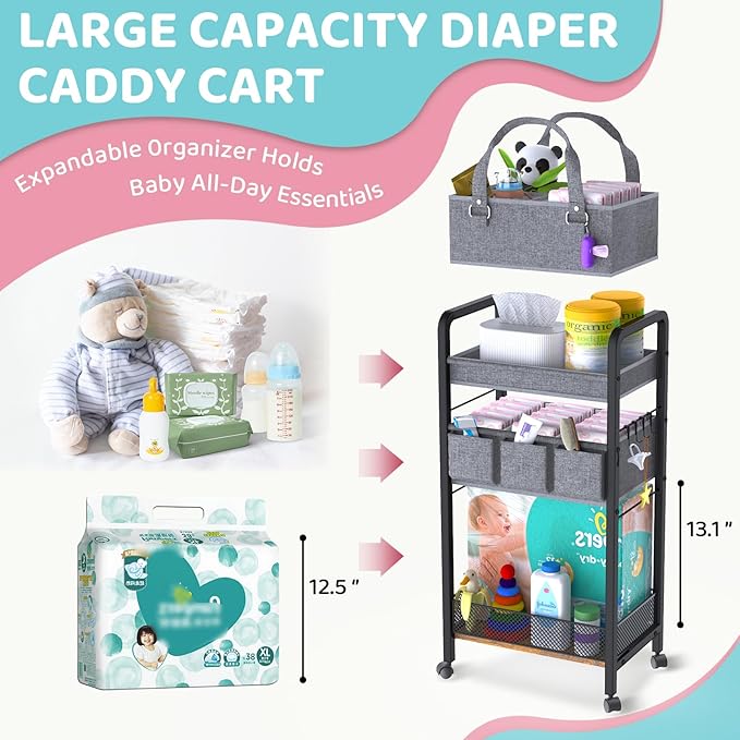 2IN1 Baby Diaper Caddy Organizer-3 Tier Rolling Storage Cart with Dividers - Bedside Diaper Caddy Cart for Baby Nursery Newborn Essentials-Mobile Utility Carts with Wheels for Changing Table