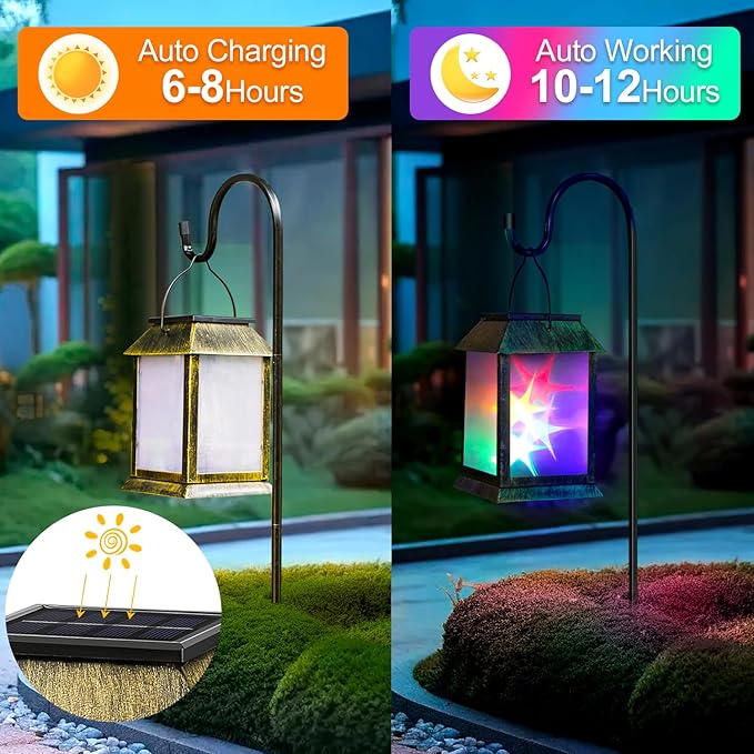 Solar Lanterns Outdoor Waterproof 3D Color Flickering, Hanging Lantern Decorative, Solar Powered Lanterns for Yard Patio Path Tree Garden Decor, Solar Lights Outdoor for Patio, Backyard, Porch