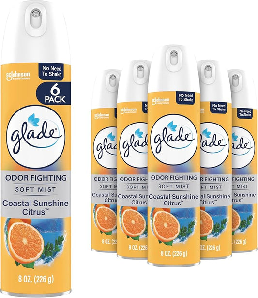 Glade Air Freshener Room Spray, Coastal Sunshine Citrus Scent, Odor Fighting to Deliver Long Lasting Freshness, 8 Oz, 6 Count