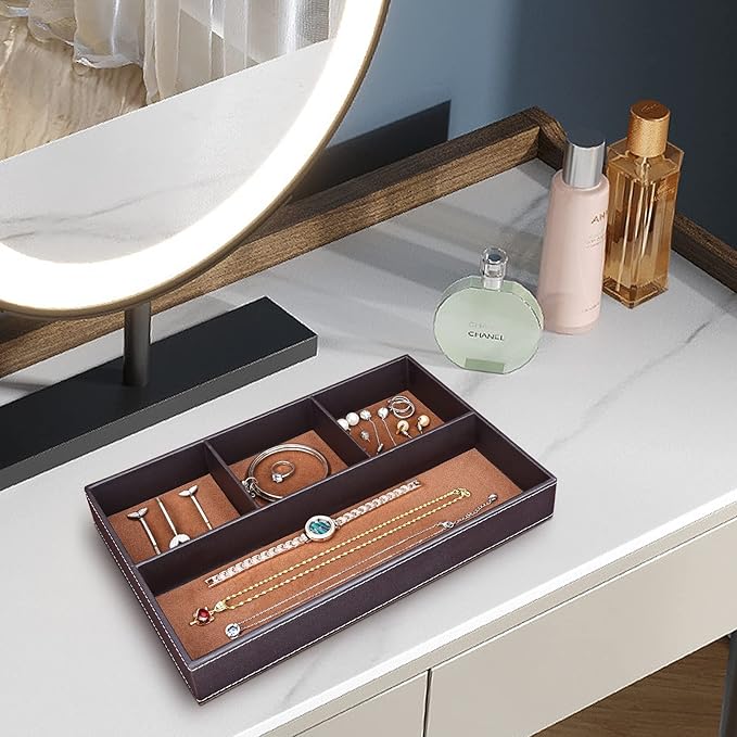 GORESE Faux Leather Valet Tray for Men, Stackable Jewelry Organizer for Drawers Inserts, Nightstand Caddy Tray for Key, Wallet, Sunglass, Watch, Coin, Phone, Bedside Desktop Storage Brown