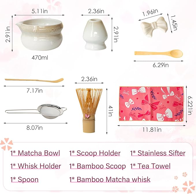 Matcha Whisk Set, 8 PCS Ceramic Set Includes 15-OZ Matcha Bowl with Spout, Bamboo Tea Whisk and Stand, Scoop and Spoon. Matcha Kit for Matcha Lovers and Beginners (white)