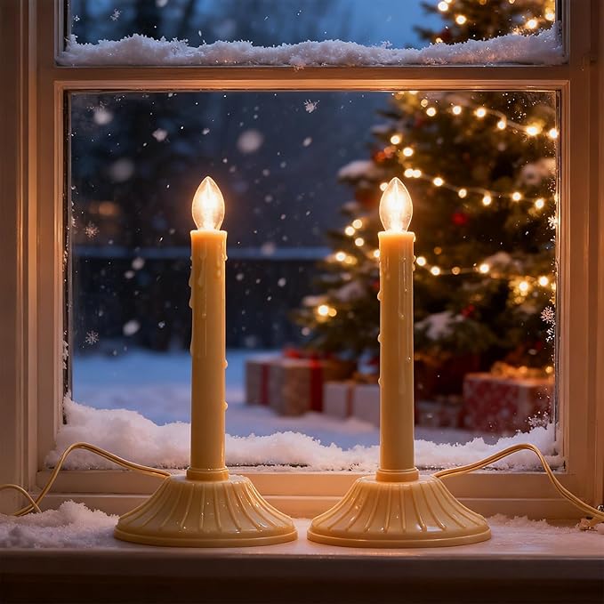 1 Light Electric Window Candles, Pack of 2 Christmas Candle Lights with 4 C7 Clear Bulbs(2 Spare), Plug in Electric Candles for Window Christmas Weddings Home Table Decorotions, Ivory
