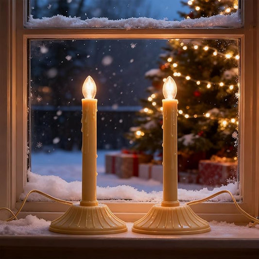 1 Light Electric Window Candles, Pack of 2 Christmas Candle Lights with 4 C7 Clear Bulbs(2 Spare), Plug in Electric Candles for Window Christmas Weddings Home Table Decorotions, Ivory