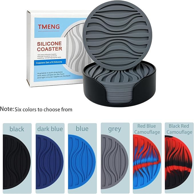 Silicone Coaster Set of 6 Pieces with Silicone Cup Holder,Drinking Coasters, Cup Mat for Drinks,Live for Hot or Cold Drink Thickened, Non-Slip, Non-Stick, Deep Tray Black (Grey)