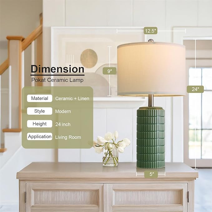 PoKat 23" Dark Green Ceramic Table Lamps Set of 2, Modern Table Lamps for Living Room, Farmhouse Lamps for Bedroom Night Stands, Traditional Nightstand Desk Decor Lamps