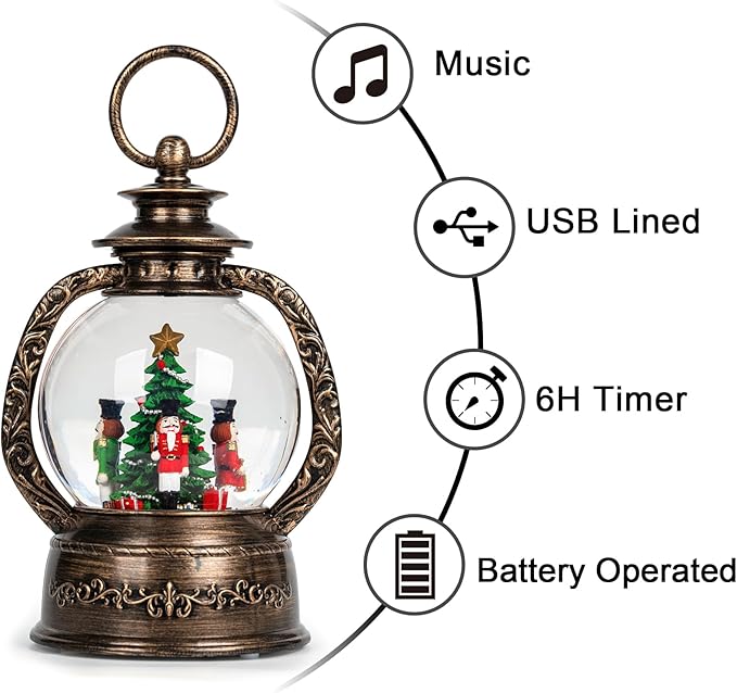 Nutcracker Snow Globe, Musical Christmas Water Lantern with Swirling Glittering Home Decoration and Gift, Battery Operated or USB Powered