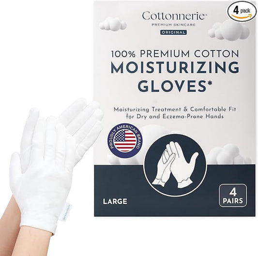 4 Pairs Cottonnerie Original Cotton Gloves for Dry Hands Sleeping, Moisturizing Gloves Overnight, Hand Moisturizer Gloves, Moisture Gloves for Dry Hands Overnight, Sleeping Gloves, Large