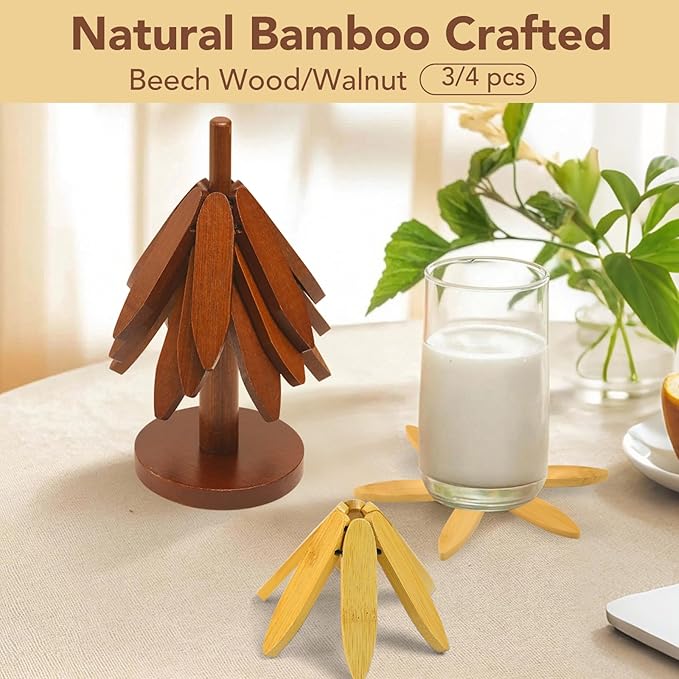 Tree Shape Bamboo Trivet Kitchen Decor Tree Shaped Holder Beech Wood Foldable Design Hot Dishes, Pot, Teapot, Plates, Bowls (Walnut-3)