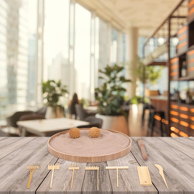 Japanese Zen Garden for Desk, Dorhui Sand Tray Therapy Kit Meditation Gifts - 12”Large Round Bamboo Tray, 7Pcs Mini Zen Garden Rake Kit, Stamp Spheres for Home, Office, and Classroom