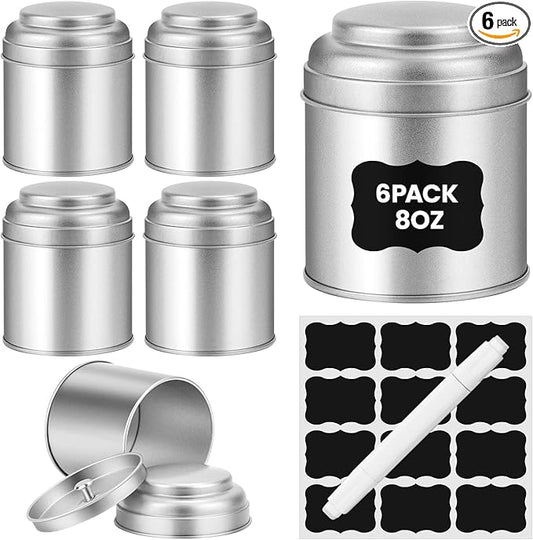 Tea Tin with Airtight Double Lids for Loose Leaf Tea Storage, 8 Fl Oz Kitchen Small Tin Can and Tea Canister for Tea Coffee Sugar Candy Spices Christmas Gift(6 Pcs)