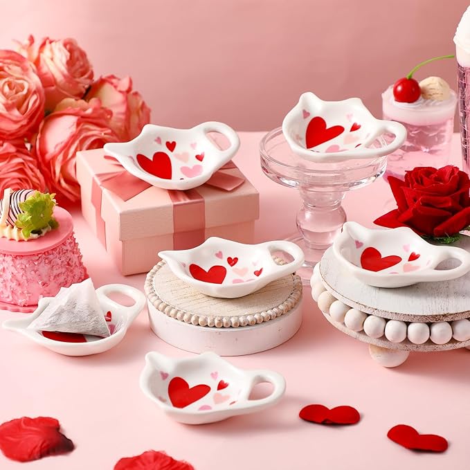 Set of 6 Valentines Love Hearts Tea Bag Holders Porcelain Ceramic Teapot Shaped Coasters Tea Bag Plate Spoon Rests Pad Saucer Seasoning Dish Set for Party Decoration Gifts, 3.7x2.75''