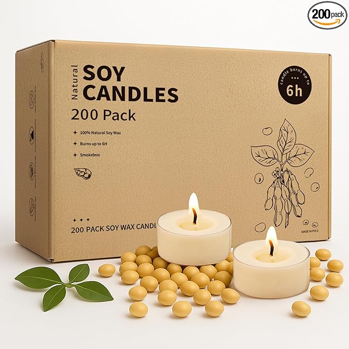 Crenovo Tea Lights Candles 200 Pack, Natural Soy Wax Tealights Candles Bulk 6 Hours Non-Toxic, Long Burning, Unscented Small Votive Cup Candles for Wedding, Party, Dinner, Emergency