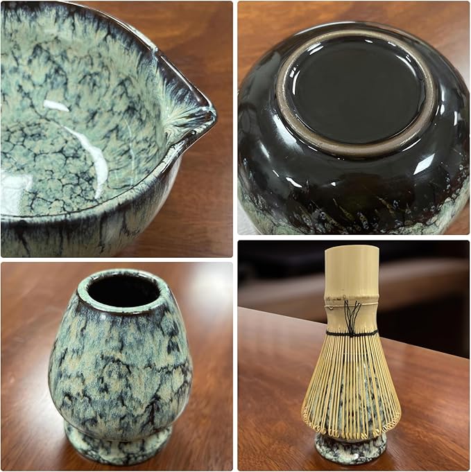 Matcha Whisk Set 6 pc Kit - Traditional Japanese Chasen, Bamboo Whisk Holder, Ceramic Bowl with Spout, Sifter & 2 pc Spoons - matcha kit set, Gift for Matcha Tea Lovers(Quenching Blue)