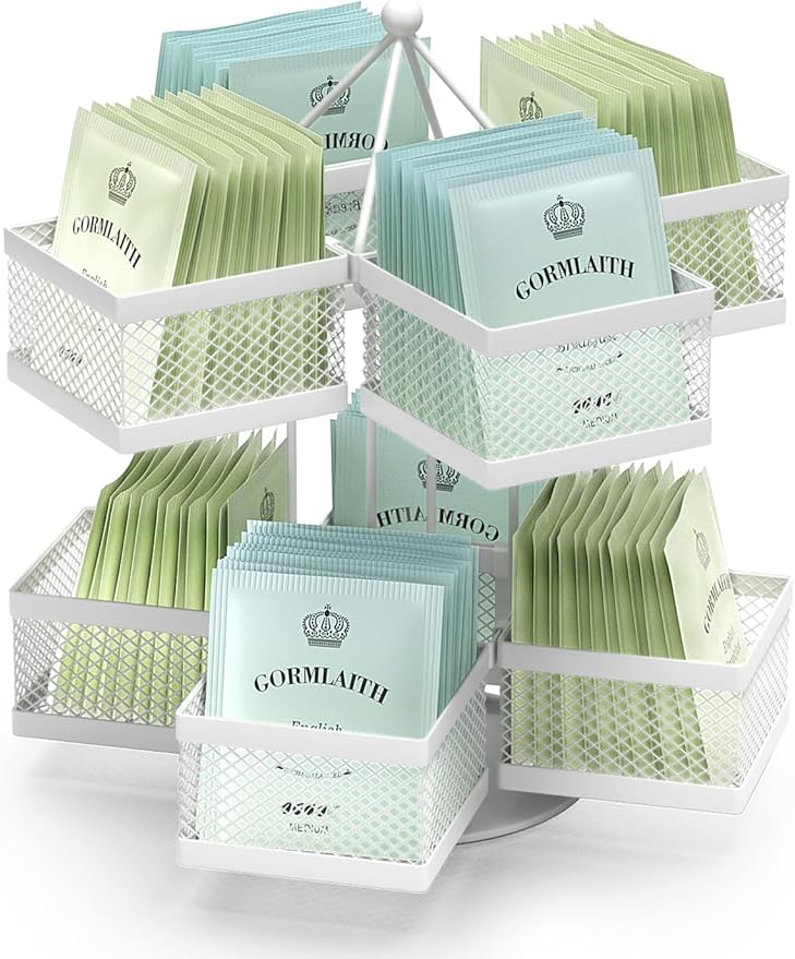 VOGWOLTH Tea Bag Organizer, Tea Bag Storage Holder Spinning Carousel 96 Teabags Container, Lazy Susan Coffee Creamer Sweetener Tea Caddy for Kitchen Counter Cabinet Pantry Shelf Organizer