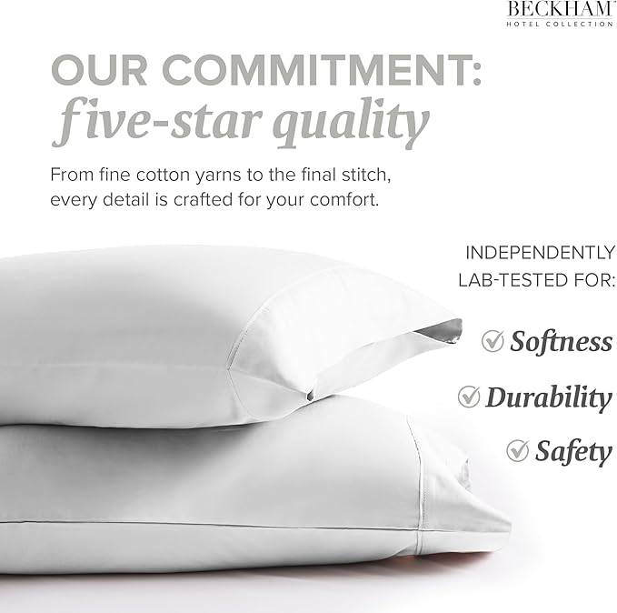 Beckham Hotel Collection Bed Pillowcases Standard/Queen Size Set of 2, 500TC 100% Cotton, Luxury Sateen Bedding, Open End, Breathable, Moisture-Wicking, White