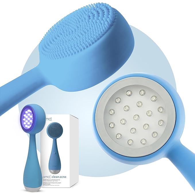 PMD Beauty Facial Cleansing Brush - Smart Silicone Brush with Blue Light Treatment - SonicGlow Vibration - Waterproof Device for Acne
