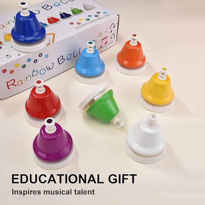 HILAZA Desk Bells for Kids, 8 Note Diatonic Hand Bells, Rainbow Music Handbells Table Bell Musical Percussion Instrument