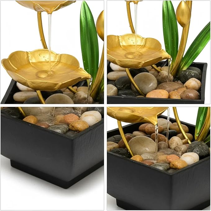 Gold Tabletop Water Fountain, Fall Decor Desktop Waterfall, Indoor Lotus Desktop Decorative Fountain, Home Bathroom Bedroom Decor.