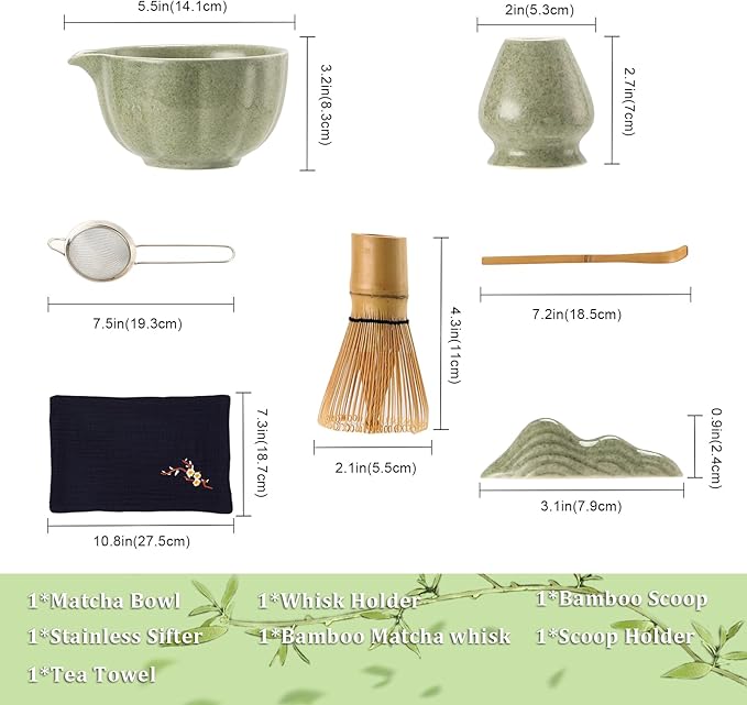 Matcha Set, 7 Pcs Mottled Green Matcha Whisk Set - Include Ceramic Petal Matcha Bowl with Spout, Bamboo Whisk, Chasen Holder, Sifter, Scoop, Tea Towel, Scoop Rest - Matcha Making Kit for Tea Lover