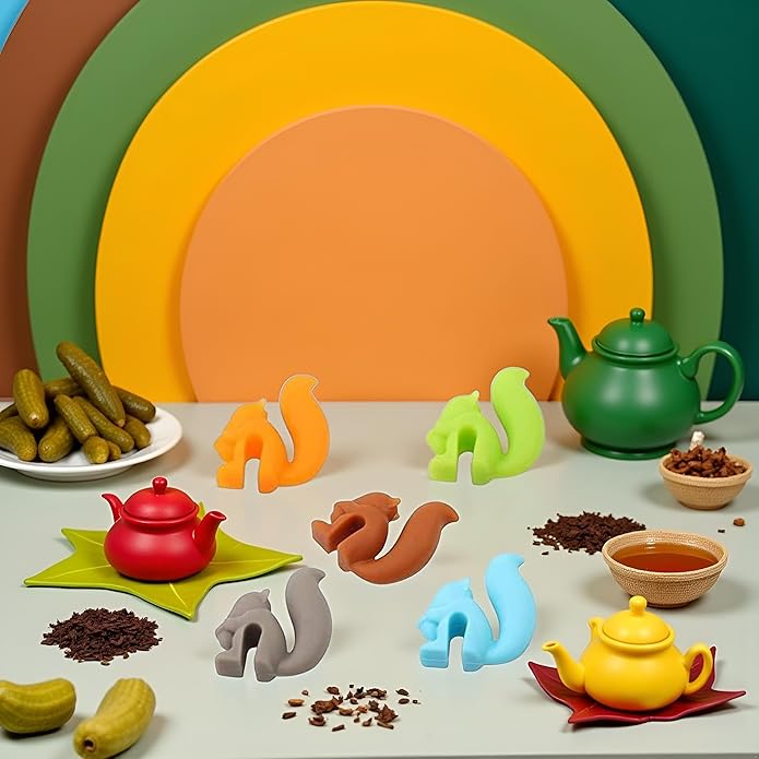 5Pcs Random Color Cute Squirrel Shape Silicone Tea Bag Holder Cup, Squirrel Drink Markers, Tea Bag Holder for Cup Hanging Tool Mug Candy Colors Gift Set，Tea Bag Coasters，Coffee, Tea and Espresso