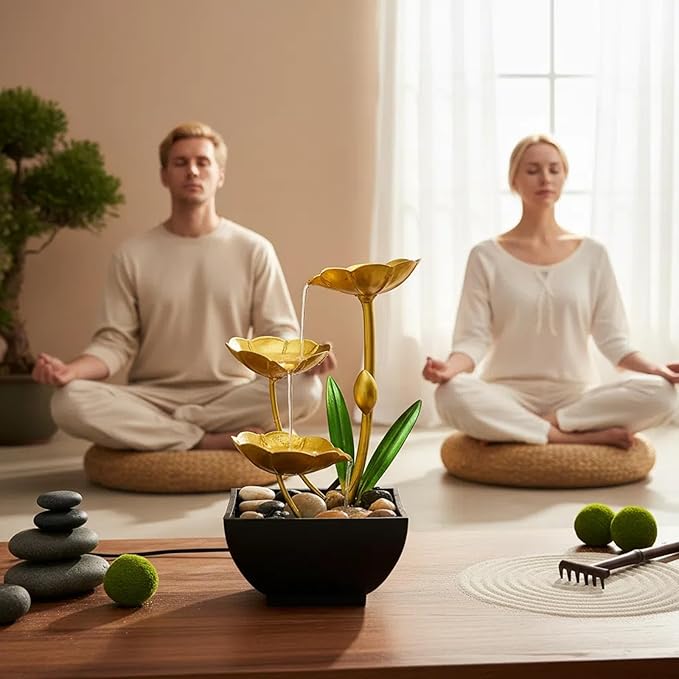 Gold Tabletop Water Fountain, Fall Decor Desktop Waterfall, Indoor Lotus Desktop Decorative Fountain, Home Bathroom Bedroom Decor.