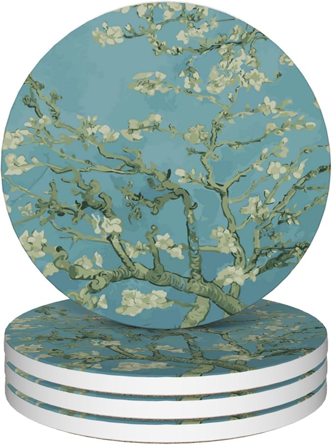 Drinks Coasters Set of 4, Almond Blossoms Round 4" Absorbent Ceramic Stone Coasters with Cork Base, Cute Coaster for Table Home Décor, Ideal Gifts for Women Men