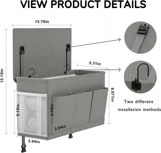 Bedside Caddy Organizer,Bed Hanging Storage Bag for Dorm Utility Carts Bed Rails,Book Phone Magazine Holder(6 Pockets,Grey)