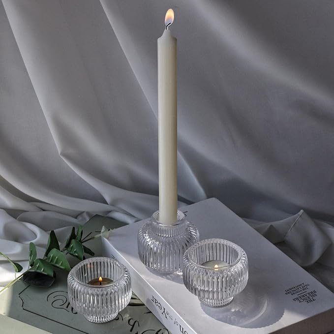 Woho Clear Taper Candle Holders Set of 8 for Taper Candles/Tea Lights Candles, Ribbed Glass Candlestick Holders for Wedding Table Centerpiece, Fluted Votive Candle Holders for Dinner Party Home Decor