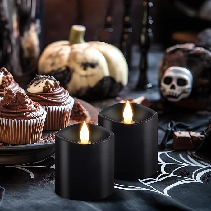 3x3 Flickering Flameless Candles Set of 2, Real Wax LED Candles,with Timer, 3 inch Flameless Candles with Remote,Battery Operated Candles, for Party/Wedding,Black