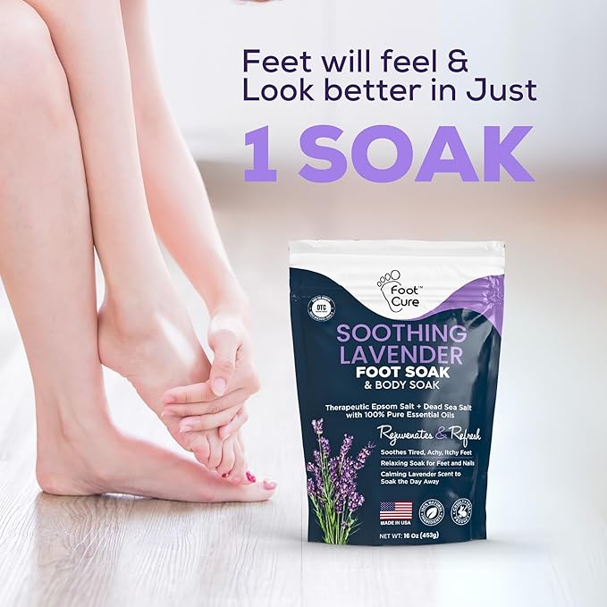 FOOT CURE Soothing Lavender Foot Spa with Epsom Salt Bath Soak – Pedicure Foot Soak Tub & Feet Massager Spa – Relaxing Scrubber & Dead Skin Remover – Ionic Foot Bath Detox for Feet Care (Pack of 1)
