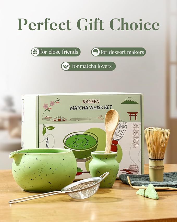 Matcha Whisk Set - 8 Piece Japanese Matcha Tea Set with Matcha Bowl with Spout, Bamboo Whisk, Scoop & Sifter | Matcha Kit for Making Smooth, Frothy Matcha at Home or as a Gift