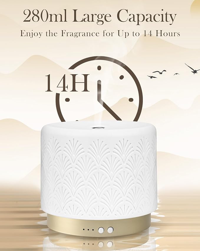 Ceramic Essential Oil Diffuser 280ml- Aromatherapy Diffuser with Ultrasonic Cool Mist Humidifier, Night Light, Timer, Auto Shut-Off, Large Room Aroma Diffuser for Home, Bedroom, Office, Yoga