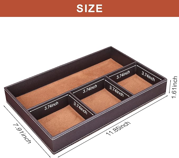 GORESE Faux Leather Valet Tray for Men, Stackable Jewelry Organizer for Drawers Inserts, Nightstand Caddy Tray for Key, Wallet, Sunglass, Watch, Coin, Phone, Bedside Desktop Storage Brown