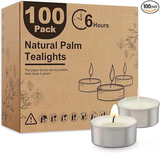 Unscented Palm Tea Lights Candles 100 Pack Bulk, 6 to 7 Hours Long Burning White Tea Lights,Non-Paraffin, Smokeless, Mini Tealight Candles for Wedding, Christmas Lights, Party, Power Outages
