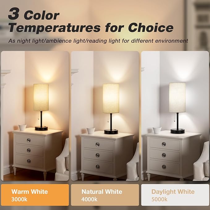 Dicoool 17Inch Tall Bedroom Lamps with USB C and A Ports 3 Color Temperatures - Pull Chain Beige Nightstand Bedside Table Lamp with AC Outlet, Side Lamp for Living Room End Table
