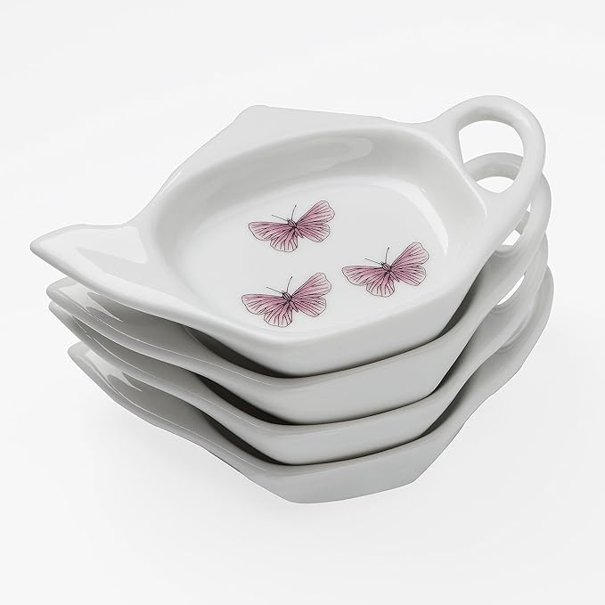 Coaster Set of 6 White Ceramic Tea Bag Holder and Stainless Steel Tea Bag Squeezer (style1)