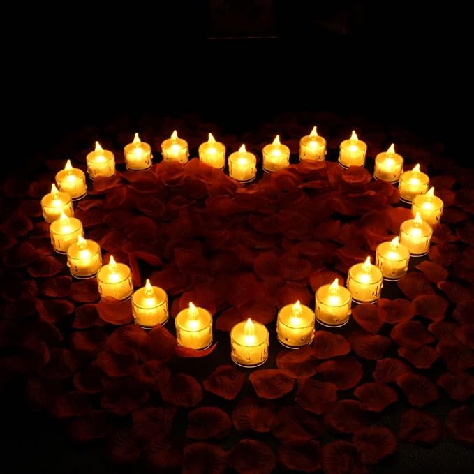 1000Pieces Artificial Rose Petals with 24 Pack LED Tea Lights Candle, Flameless Battery Operated Candles,Romantic Decorations Special Night Set for Valentines, Wedding Decor