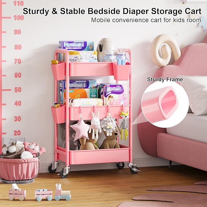 3 Tier Pink Rolling Cart with Lockable Wheels, Metal Utility Carts Organizer on Wheels for Kitchen, Nursery, Snack, Bedside Cart for Baby Essentials, Easy Assemble Mobile Storage Roller Trolley
