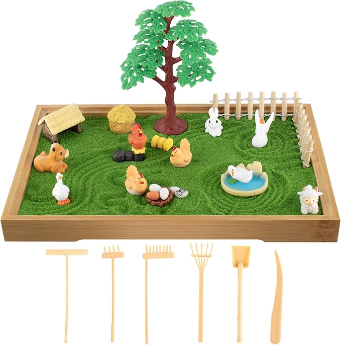 31 Pcs Zen Garden Kit for Desk, Mini Zen Sand Garden with Wooden Tray & Rake, Japanese Gift Set for Home, Office Desk Decor