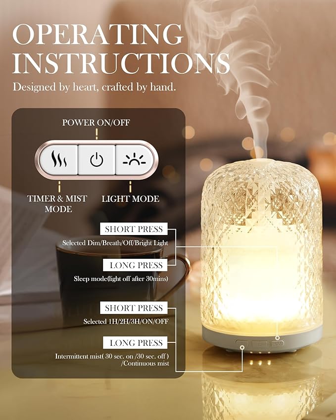 Essential Oil Diffuser – 2.4MHz Ultrasonic Aromatherapy Diffuser, Health Night Light, Timer & Auto Shut-Off, BPA-Free, 120ml Glass Oil Diffuser for Home, Office, Spa, Yoga