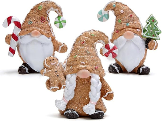 Hodao Christmas Gingerbread Gnomes, Set of 3 – Hand-Painted Resin Figurines with Candy Cane, Gingerbread Man and Mini Tree – Holiday Home Decor and Gift for Tiered Tray, Mantel, Tabletop, Windowsill