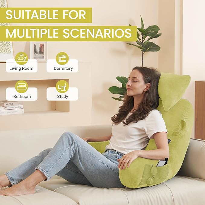 Portable Reading Pillows with Headrest for Bed Sitting Up(Yellow Oeko-Tex), Velvet Back Pillow with Arms & Pockets for Adults, Support Memory Foam Bed Pillow for Dorm/Reading/Watching/Gaming