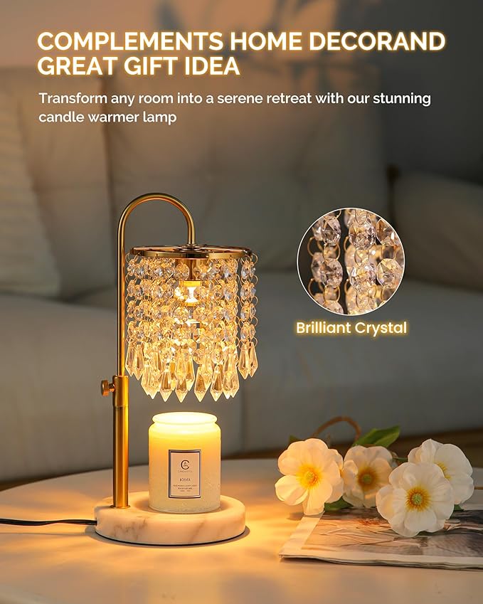 Candle Warmer Lamp with Timer Dimmer and 3 Bulbs, Candle Lamp Warmer with Marble Base for Adjustable Height, Crystal Candle Lamp for Jar Candles, House Warming Gifts Home Room Decor, Gold