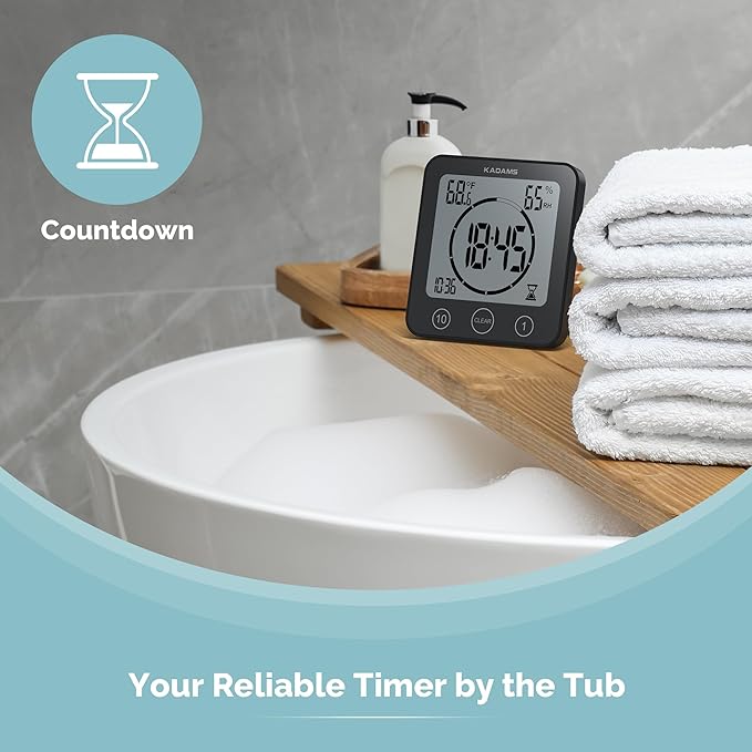 KADAMS Shower Clock Waterproof Bathroom Timer – Digital Wall Clock with Countdown, Magnetic Kitchen Clock with Temperature & Humidity, Suction Cup for Kids Shower Spa Sauna Cook Bath (Black)
