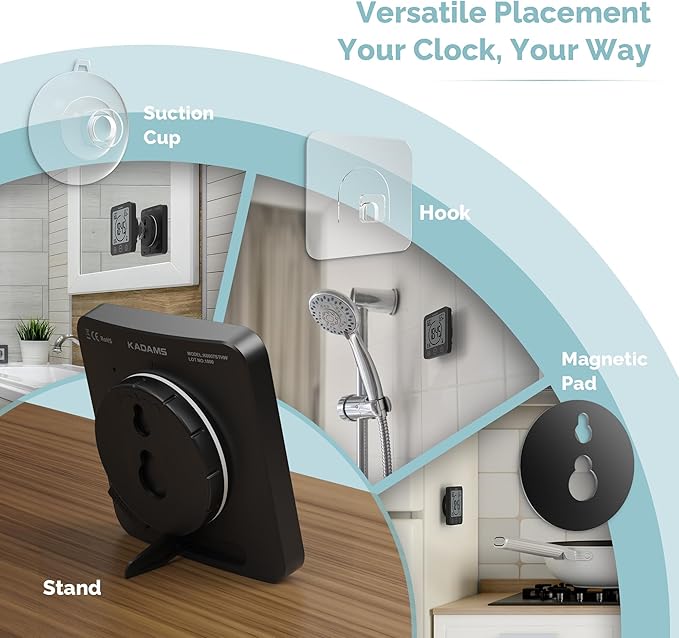 KADAMS Shower Clock Waterproof Bathroom Timer – Digital Wall Clock with Countdown, Magnetic Kitchen Clock with Temperature & Humidity, Suction Cup for Kids Shower Spa Sauna Cook Bath (Black)