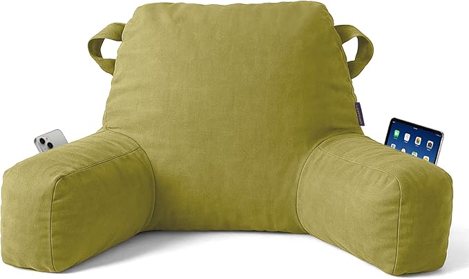 Portable Comfy Reading Pillows for Bed Sitting Up(Pale Green Oeko-Tex), Velvet Back Pillow with Arms & Pockets for Adults, Support Memory Foam Bed Pillow for Dorm/Reading/Watching/Gaming