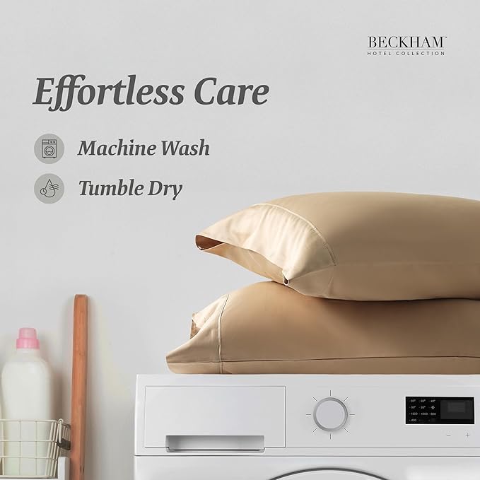 Beckham Hotel Collection Bed Pillowcases Standard/Queen Size Set of 2, 500TC 100% Cotton, Luxury Sateen Bedding, Open End, Breathable, Moisture-Wicking, Sand