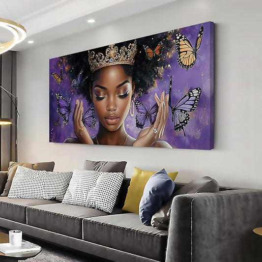 ZESTRILIA African American Wall Art for Girls Room Purple Black Butterfly Canvas Painting Prints Artwork Living Bedroom Office Decor Extra Large (58x28 Inches)