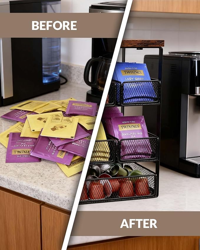 Tea Bag Organizer with 5 Drawers, Wooden & Metal Tea Storage Organizer for TeaBags, Coffee Pods, Creamers & Sugar – Countertop Tea Bag Holder for Coffee Bar and Kitchen, Space-Saving Tea Storage Rack