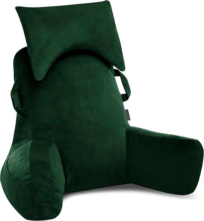 Portable Reading Pillows with Headrest for Bed Sitting Up(Dark Green Oeko-Tex), Velvet Back Pillow with Arms & Pockets for Adults, Support Memory Foam Bed Pillow for Dorm/Watching/Gaming